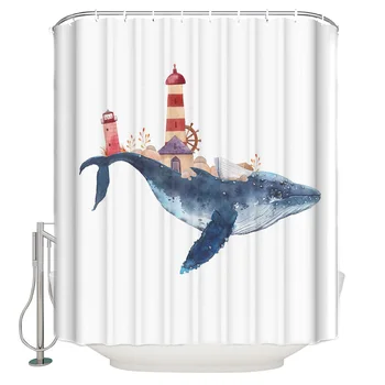 

Whale Watercolor Lighthouse Shore Art Animal Beach Retro Style Fantasy Polyester Hook Shower Curtain for Bathroom Decoration