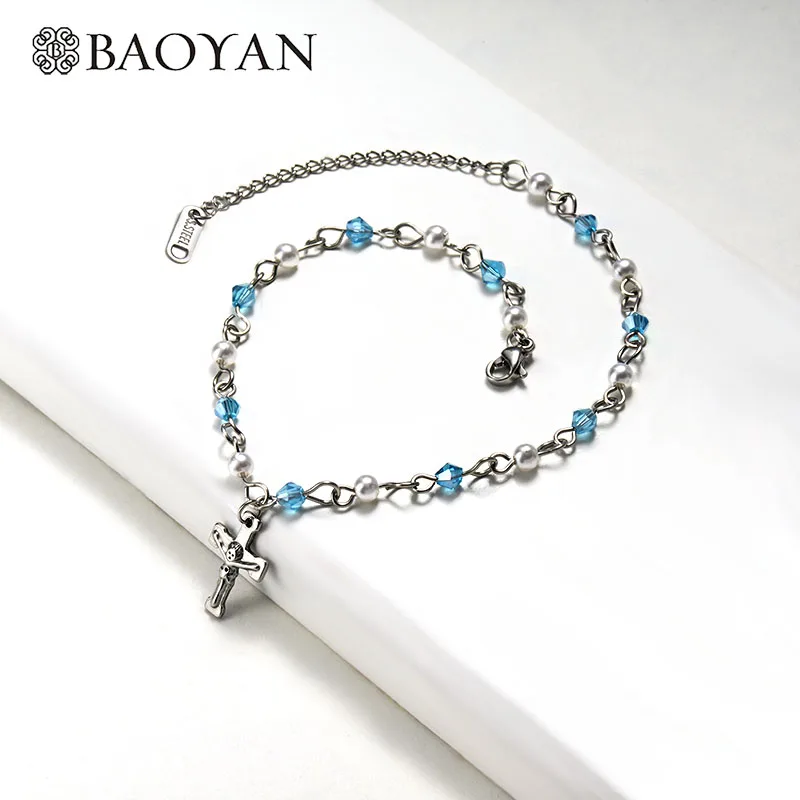 Baoyan серебряный цвет Греческий крест очаровательный браслет Модный жемчужный браслет четки с кристаллами ручной работы из нержавеющей стали браслет для женщин - Окраска металла: Blue