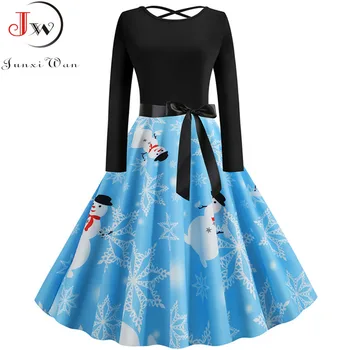 

Women Elegant Print Vintage Winter Dress 2019 Autumn Long Sleeve Casual A Line Christmas Dress Robe Femme Party Retro Vestidos