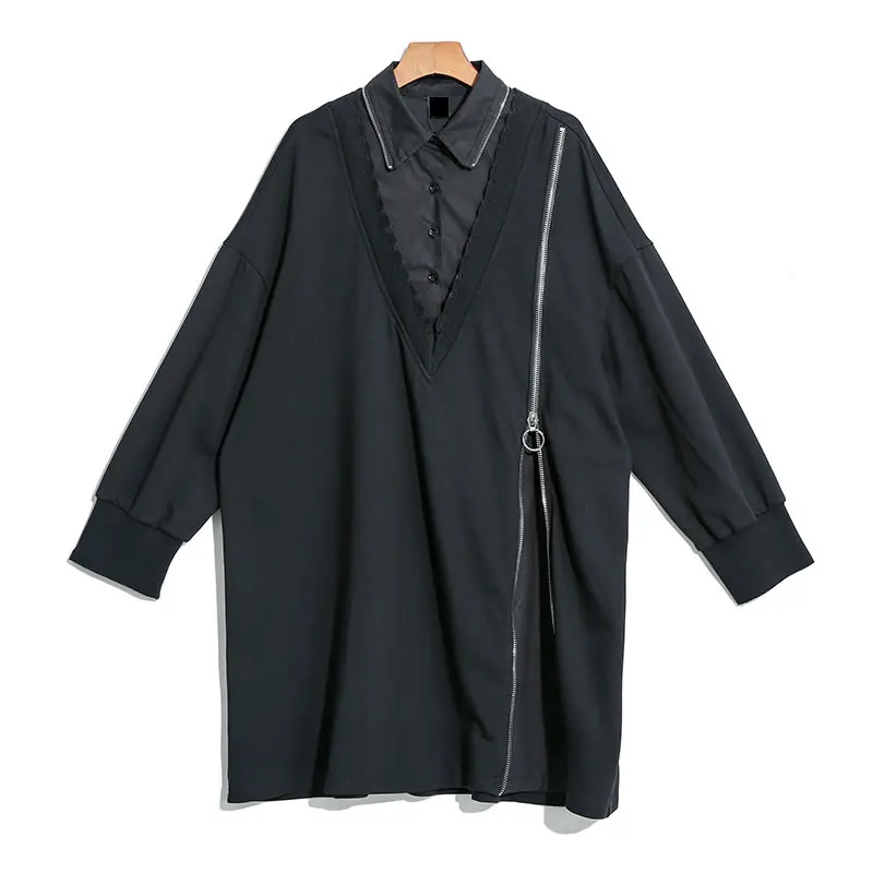 black GCC1760 XITAO женский черный длинный свитер элегантный корейский модный элегантный отложной воротник осень ветер холодный ложный два предмета GCC1760 - Цвет: black GCC1760