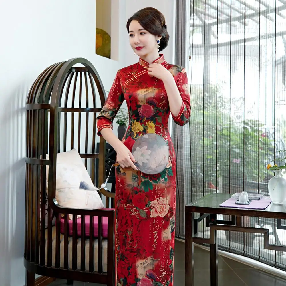 Большие размеры 3XL 4XL 5XL осень новое поступление Винтаж три четверти Cheongsam сексуальное женское Формальное длинное платье с цветочным принтом вискозное Qipao