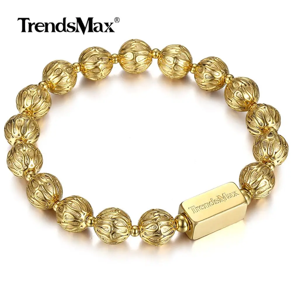 Trendsmax 10 мм роскошный бусины из стерлингового серебра 925 браслет для мужчин женщин золото Цвет стрейч мужской ювелирные изделия TBB021