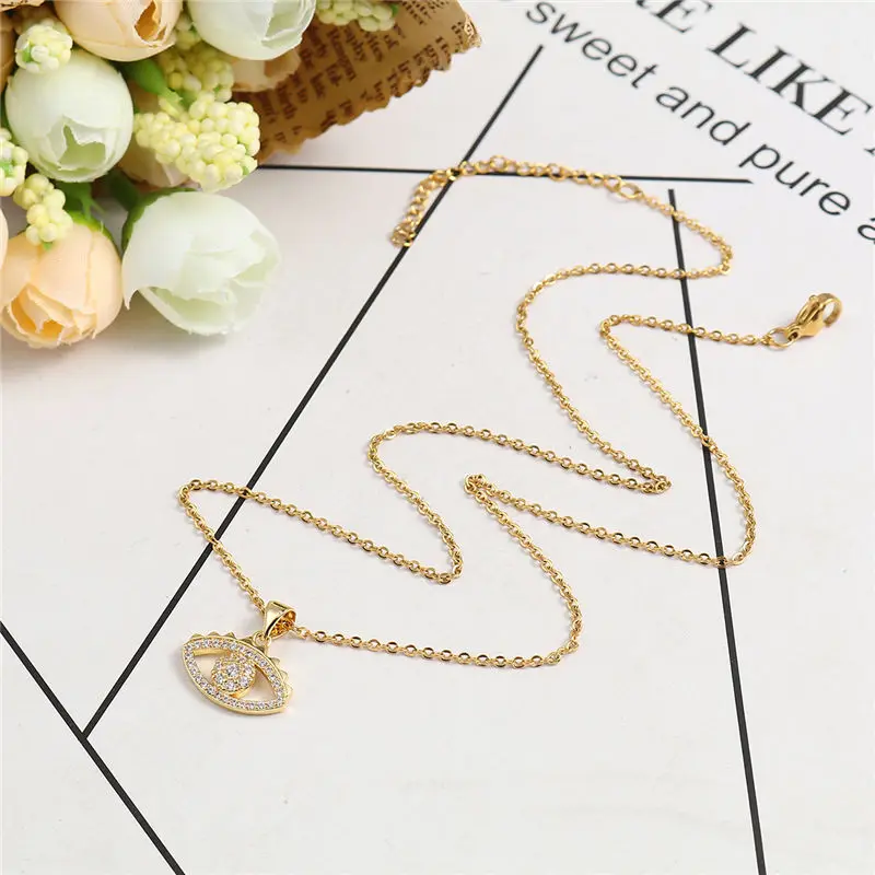 Fashion Stainless Steel Micro Paved Necklace Gold Eye Clear Cubic Zirconia Necklaces Women Jewelry Gifts 45cm Long, 1 PC