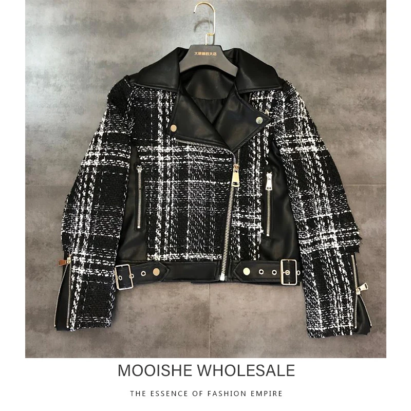 

2019 Autumn Thick Line Fangla Chain Design Lapel Locomotive Style Short Jacket Leather Jacket