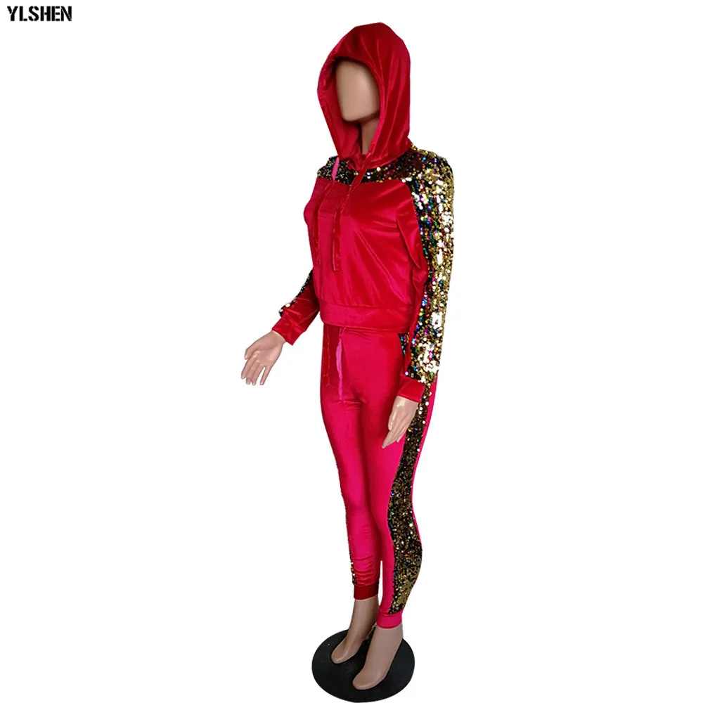 2 Two Piece Set Velvet Tracksuit Women Sexy Sequins Jogging Femme Plus Size Long Sleeve Tops +Pants Sweat Suits Matching Sets 21