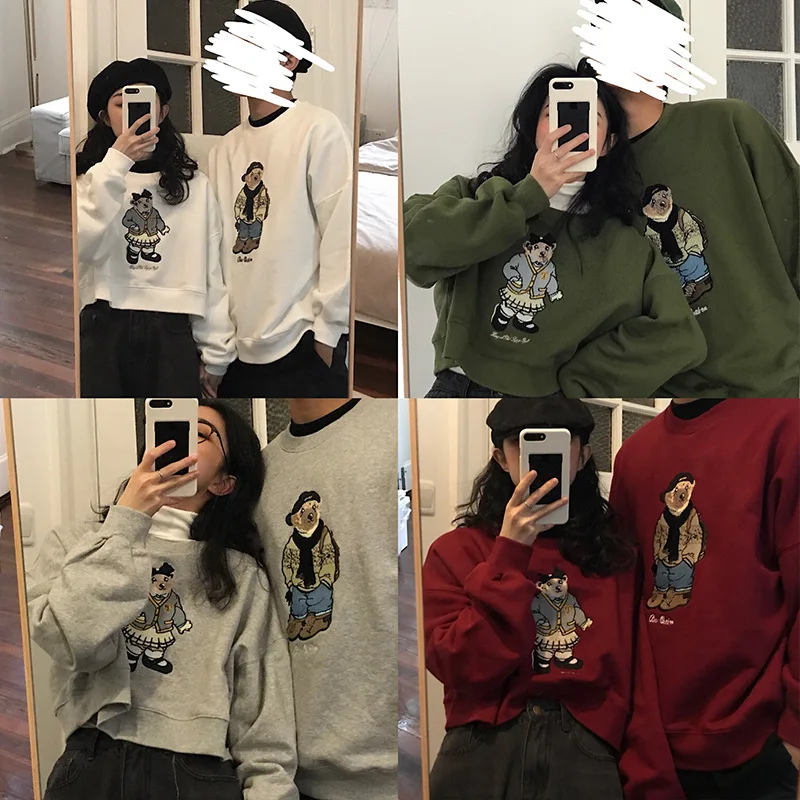 

Five-Color Japanese-style Cartoon Couples plus Velvet Hoodie Women's Loose-Fit Short Autumn and Winter 2019 New Style Trend