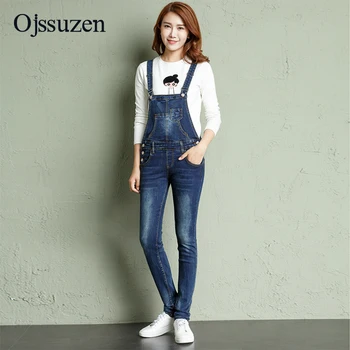 

Spring Autumn Women Denim Jumpsuits Slim Dark Blue Korean Skinny Romper Elasticity Jeans Overalls Ladies Casual Basic