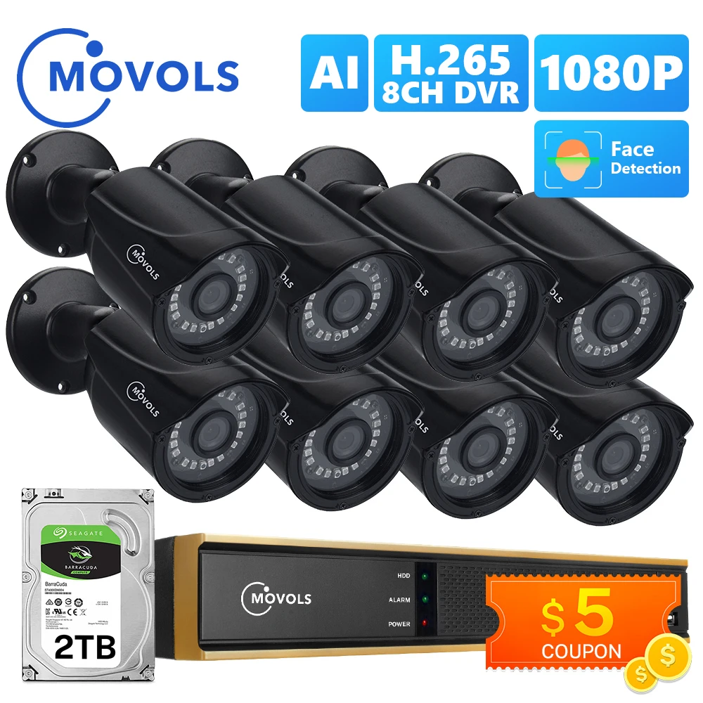 Movols 8CH AI CCTV Camera System 1080P Security Surveillance Camera DVR Kit Waterproof Outdoor Home Video Surveillance System