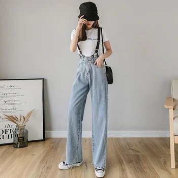 

Web celebrity suspenders new female han edition loose loose port taste high show thin waist straight cowboy wide-legged pants