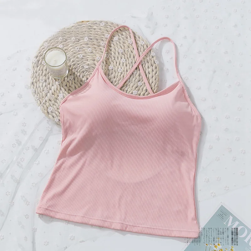 Women Camisoles Slim Solid Color Sexy Backless Wild Tops Sleeveless Thread With Chest Pad Off Shoulder Strap Camisole - Цвет: IX0446P