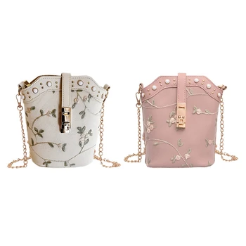 

2 Pcs Fashion Handbags New Bucket Bag Solid Color Embroidery Chain Wild Bag Shoulder Messenger Bag Messenger Bag, White & Pink