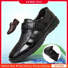 Men's Leather Shoes Sandals Breathable Hollow Mens Soft Sole Toe Cap Hole Leather Sandals Men Shoes