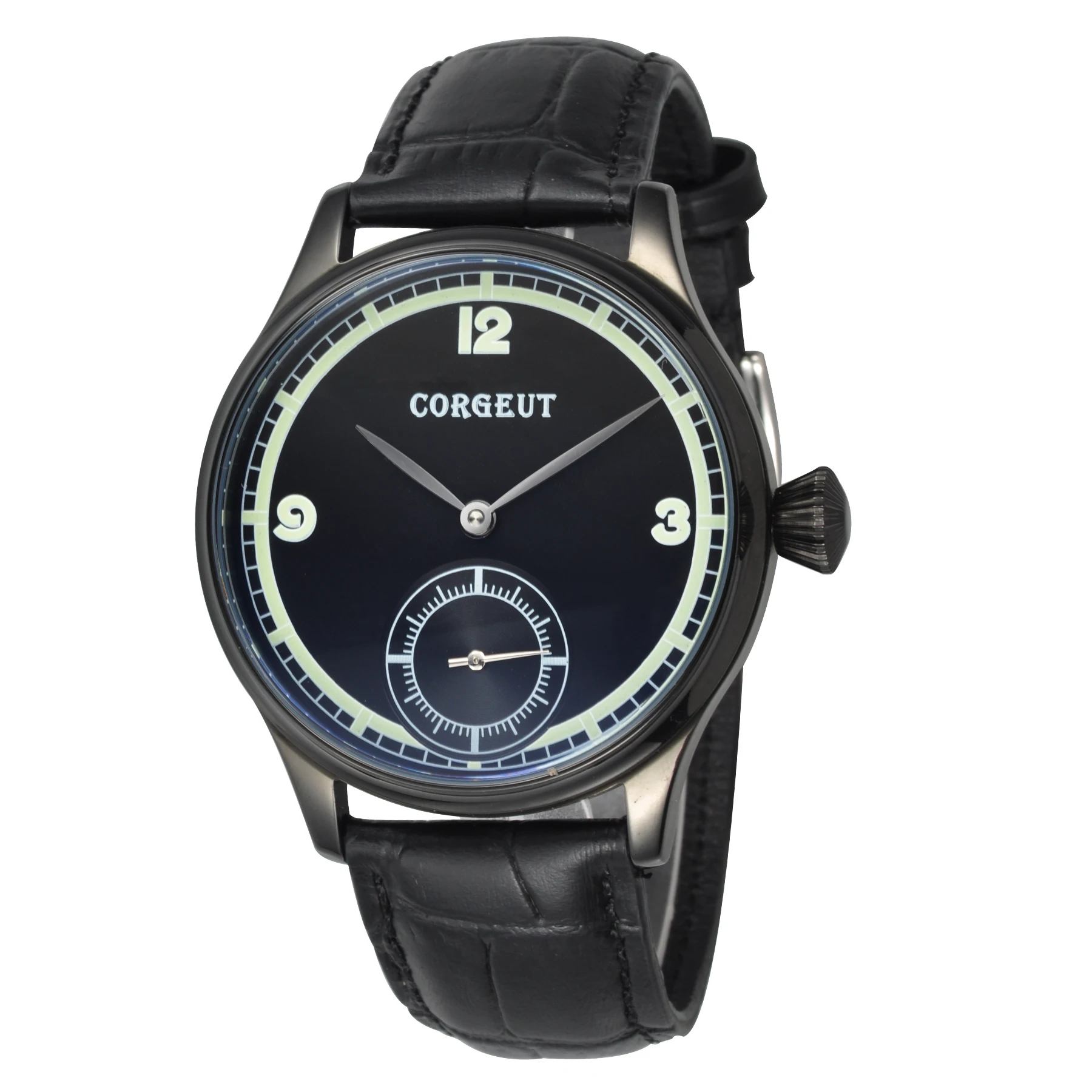 

Corgeut 44mmMens Mechanical Watch 316L SS Case Black Sterile Dial Silver Subdail Clock 6498 Hand Winding Movement Watches