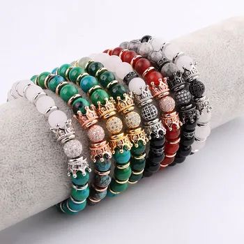 Dropshipping New Design Natural Stone Agate Jade Beads CZ Pave Crown Charm Custom Elastic Bracelet Women Jewelry Gift