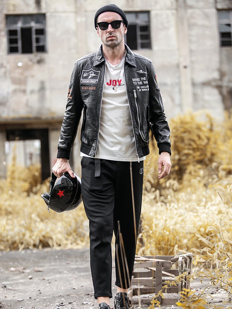 男性のオートバイの革のジャケットメンズ空軍パイロットファッションブランドストリート野球ユニフォームコート黒 Genuine Leather Coats Aliexpress