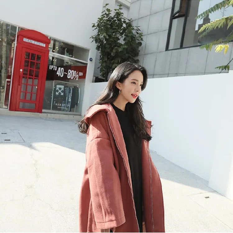 Южная Корея Dongdaemun осень и зима с капюшоном Дафлкот пальто женское выше колена с разрезом повседневное Свободное длинное пальто Тренч пальто La