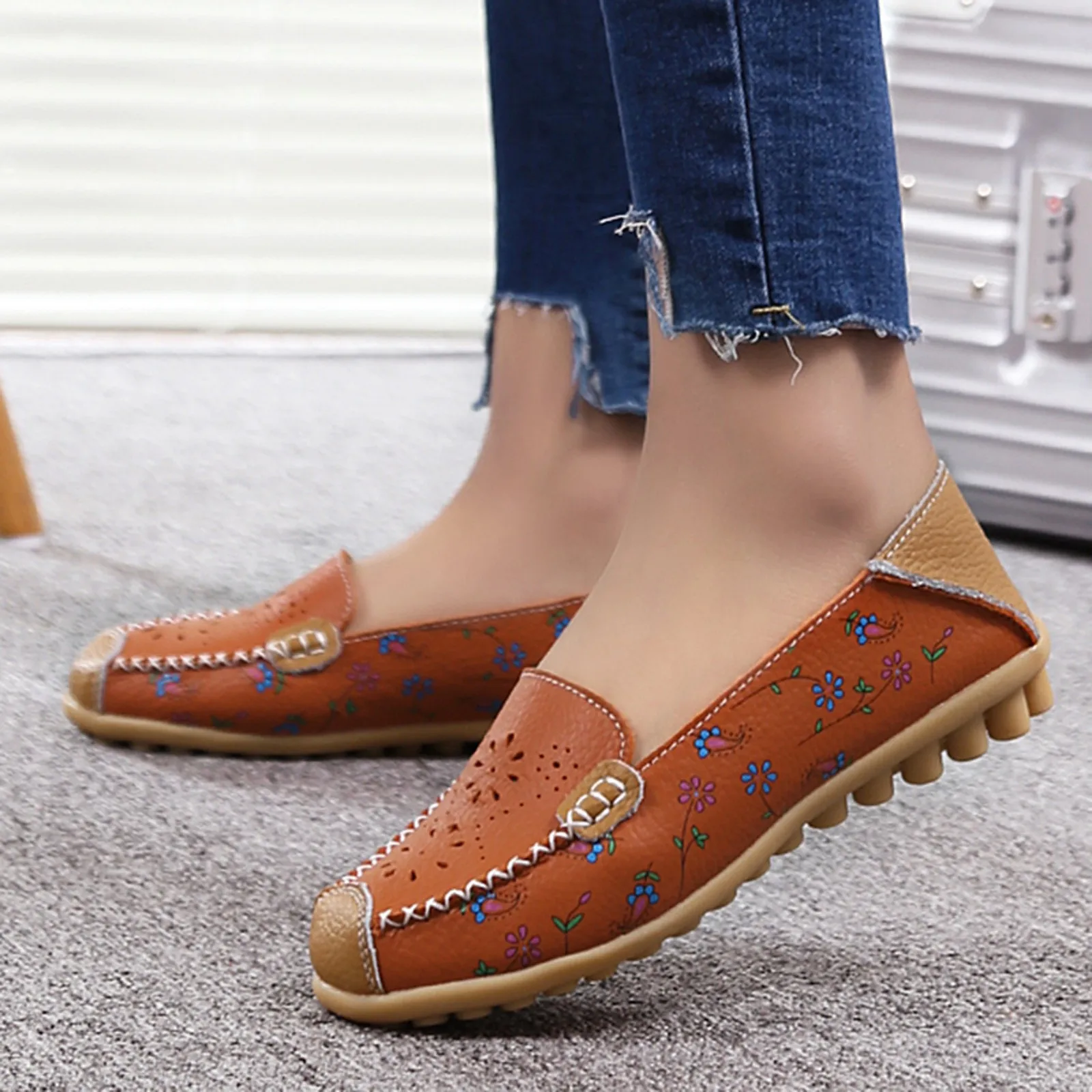 Zapatos planos antideslizantes con estampado de flores para mujer, mocasines planos informales con punta redonda para primavera y otoño, nuevos