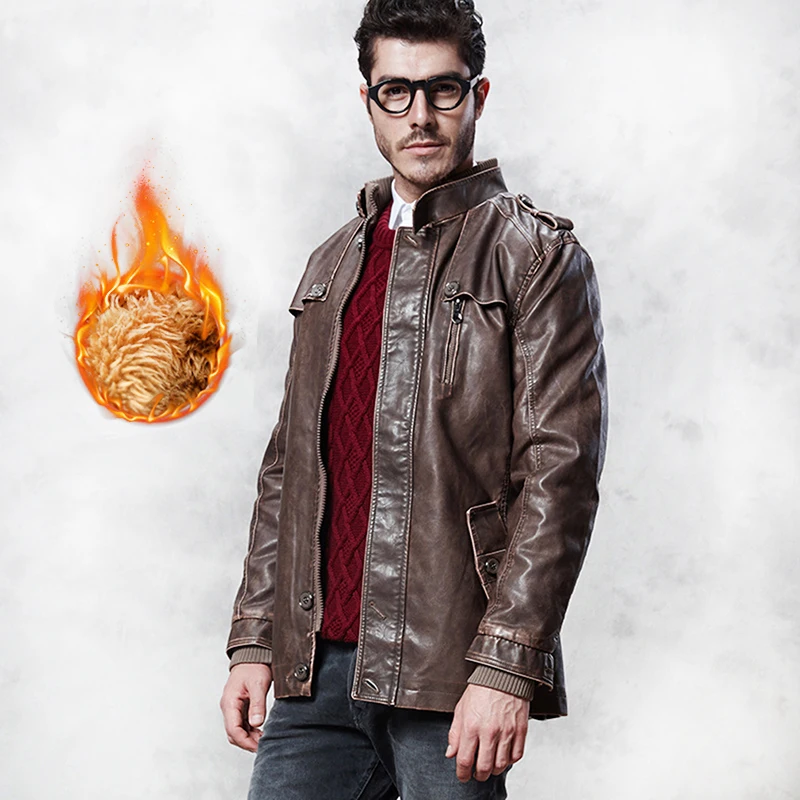 Мужская зимняя теплая куртка из искусственной кожи байкерская куртка с поясом и карманом в стиле ретро кожаное пальто мужское пальто из плотного бархата на пуговицах