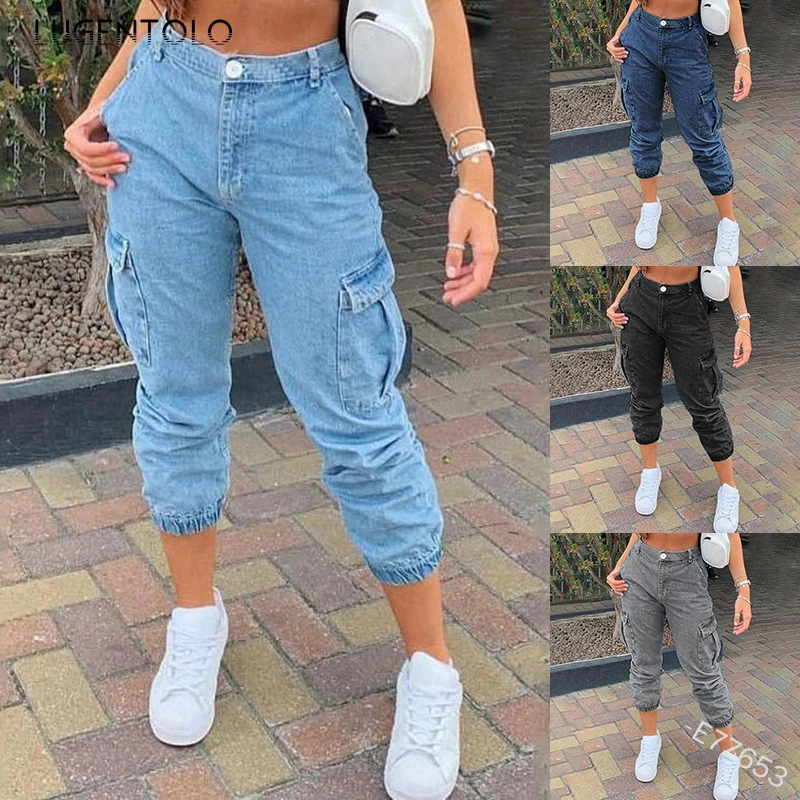 Pantalones vaqueros de alta con bolsillos grandes para mujer, Vaqueros informales lisos hasta el tobillo para primavera y verano|Pantalones vaqueros| - AliExpress