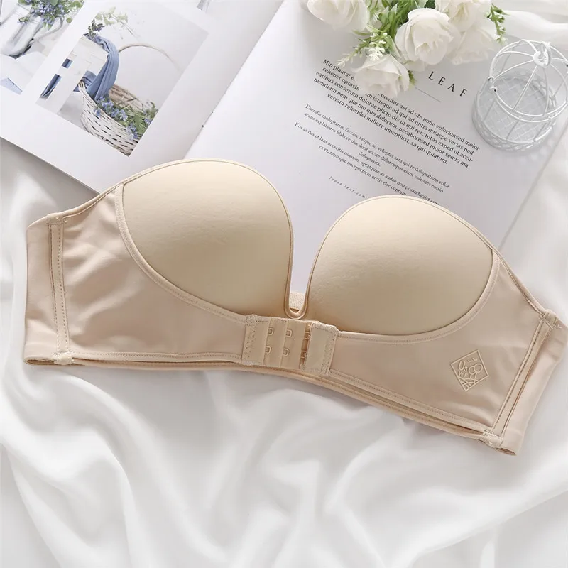 Front Closure Adjustable Women Padded Bra Gather Strapless Bra