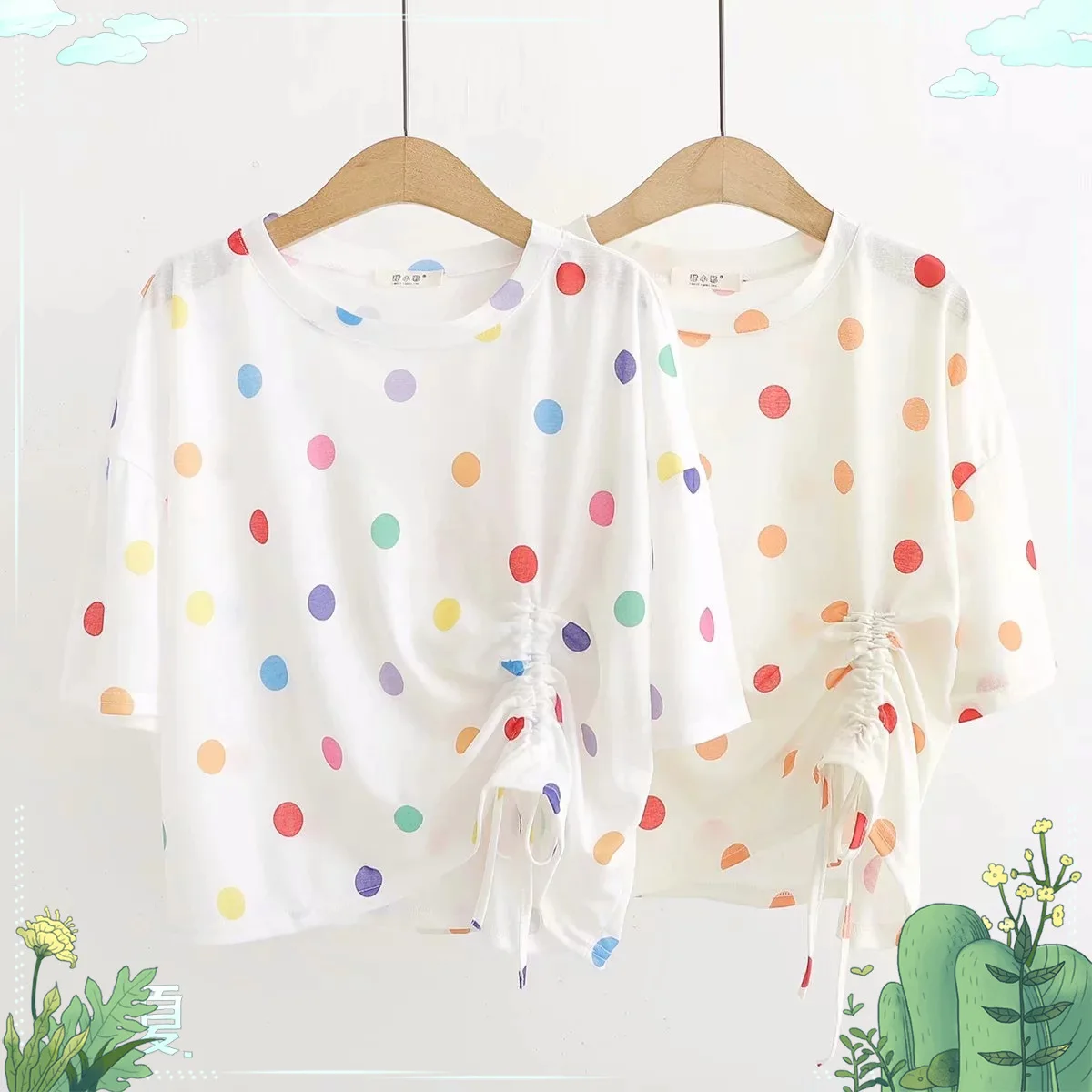 

19 Early Summer New Style Versatile College Style Simple Color Polka Dot Printed Hem Lace-up Loose Short Sleeve Cotton T-shirt