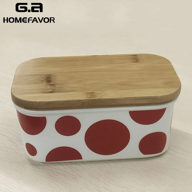 

Butter Dish Ceramics Butter Box With Wooden Cover Ribbon Red Wave Point Design Fruit Food Storage Box Kitchen Tools