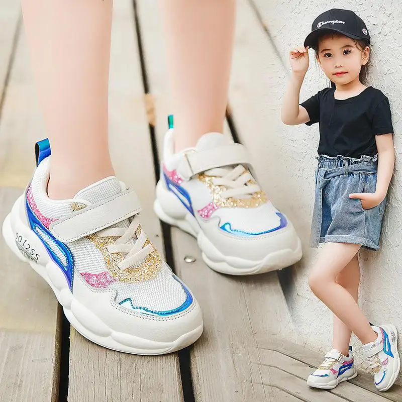 Новая Осенняя детская обувь для девочек; сетчатая дышащая Спортивная обувь для маленьких детей; Повседневная обувь для девочек; кожаные кроссовки для студентов - Цвет: Mesh white