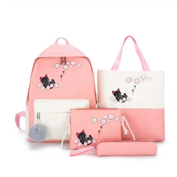 

4Pcs/set Cat Printing Canvas Cute School Bag For Teenagers Girls Student Larger Capacity Women School Backpacks Female Book Bags
