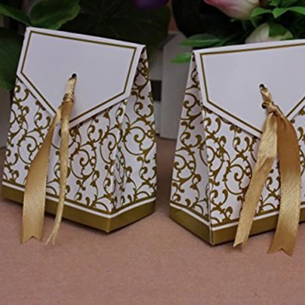 50 шт прекрасный свадебный подарок сувениры конфетная бумага коробки с лентами (Золотой)