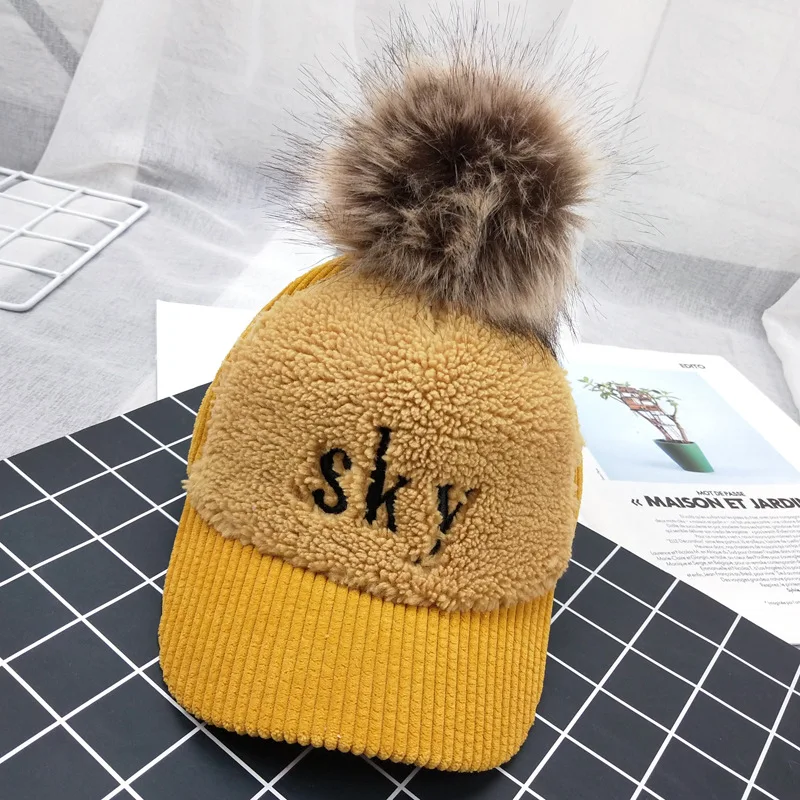 Cute Kids Letter Embroidery Baseball Cap Hat With Pompom Winter Warm Hat Girl Boy - Цвет: Цвет: желтый