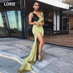 LORIE Elegant Lace Satin Evening Dresses Long Formal Prom Party Gown V-neck High Split Special Occasion Gown Simple Sweep Train