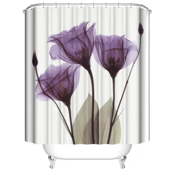 

4PCS Flannel Surface Bathroom Mats Shower Curtain Non-Slip Rug Lid Toilet Cover Bath Mat Set Purple Flowers Print Decor Home