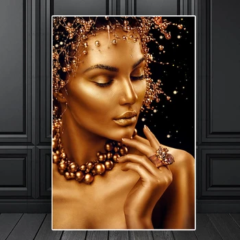 

Makeup Gold Black African Woman Oil Painting on Canvas Posters and Prints Decoracion Wall Art Pictures for Living Room Decor
