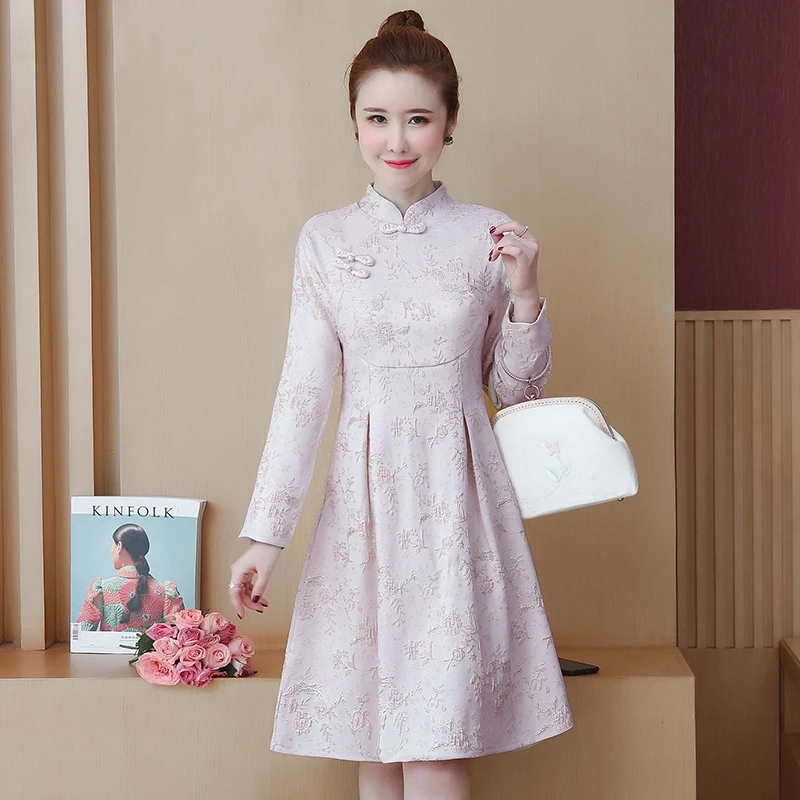

Large size 2019 Autumn and winter new national style cheongsam improved version of the dress high waist popular