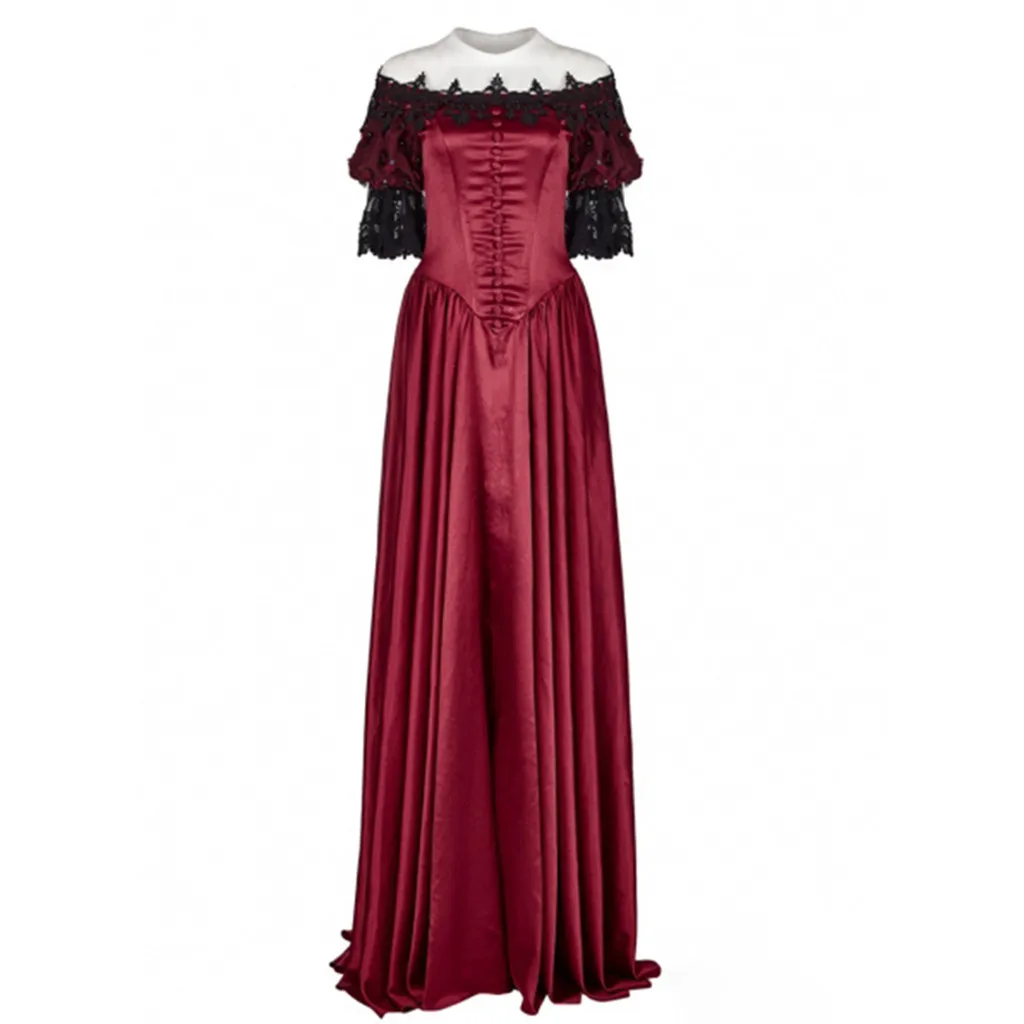 Модное женское средневековое винтажное готическое платье, нарядное платье без бретелек, женское кружевное лоскутное платье - Цвет: Красный