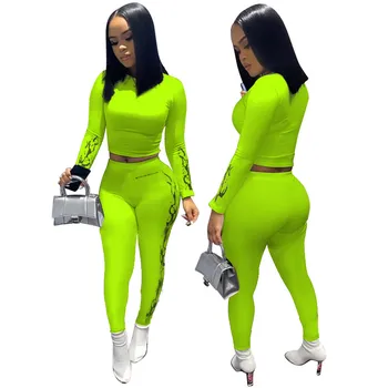 

CHRONSTYLE Women Two Pieces Set Sportswear Autumn Spring Fitness Print Streetwear Long Sleeve T-shirt Crop Tops High Waist Pants