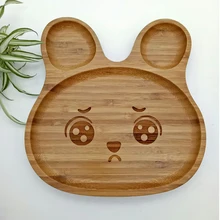 Plato de alimentación de bambú con patrón de conejo para bebé, plato de entrenamiento de madera, platos de cena para niño