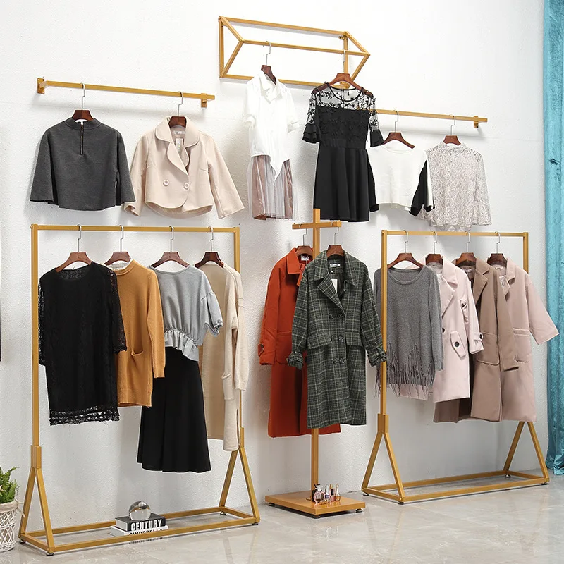 

Modern Minimalist Iron Art Floor-type Display Rack Currently Available Gold Clothing Store Clothing Rack Clothes Hanger Combined