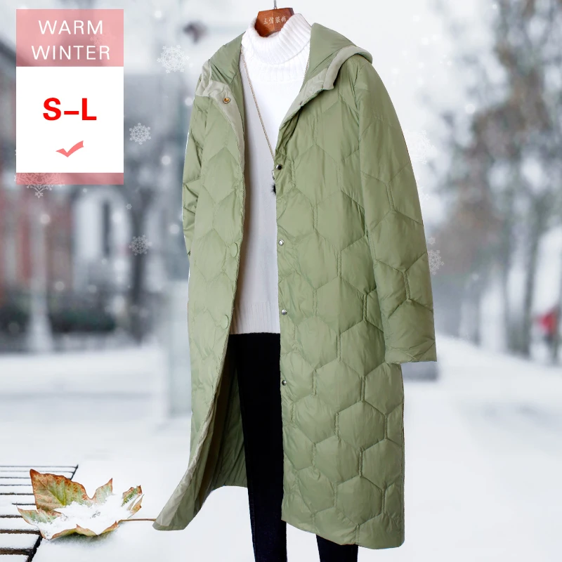 

New Winter Fashion Long White Duck Down Coat With Hood Female Thin Warm Single Breasted Windproof Feather Jacket Larger Siz