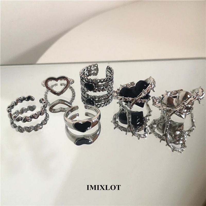 2021 New Punk Gothic Thorns Black Silver Color Heart Metal Opened Adjustable Ring For Women Men Girls Party Grunge Y2k Jewelry | Украшения