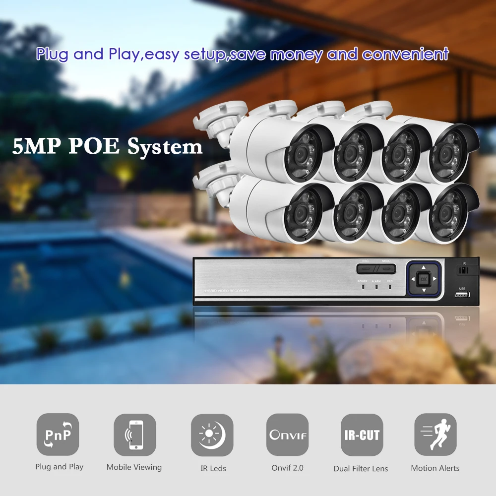 Gadinan 8CH 5MP POE Face Detection Security System 5MP Outdoor Weatherproof IR Night Vision IP POE Camera Surveillance CCTV Kit