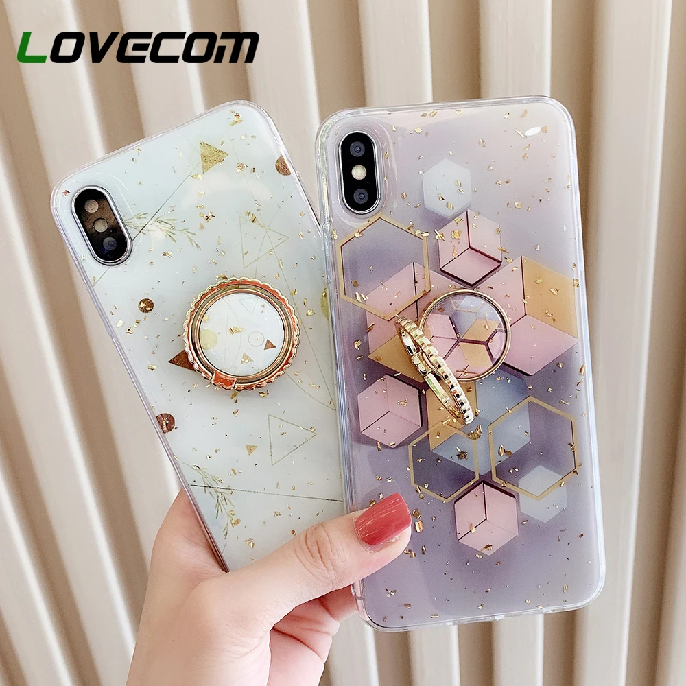 

LOVECOM Gold Powder Geometric Marble Phone Case For iPhone XR XS Max 6 6S 7 8 Plus X Soft Epoxy Back Cover With Finger Ring Gift