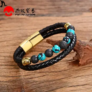 2020 New Design Genuine Leather Mens Bracelet Charms Stainless Steel Magnet 13 Style Natural Stone Beads Bracelets Men Jewelry