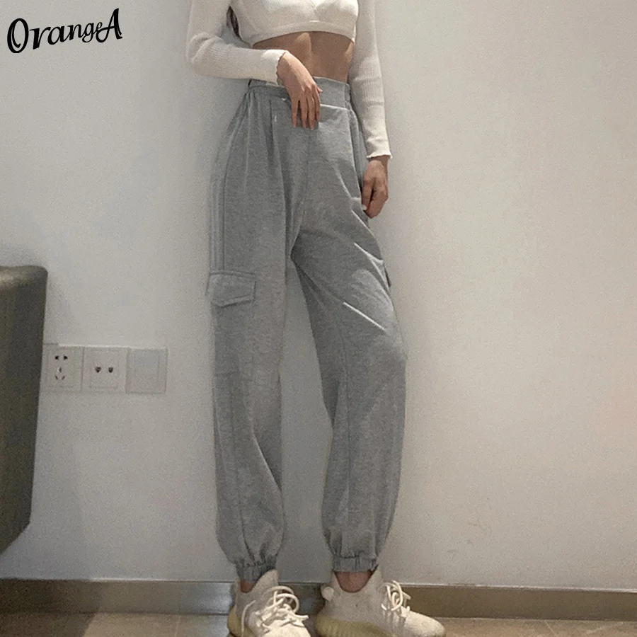 

OrangeA Casual Women High Waist Harem Pants Pocket Loose Solid Y2K Sweatpants Oversized Joggers Streetwear Autumn Soft Trousers