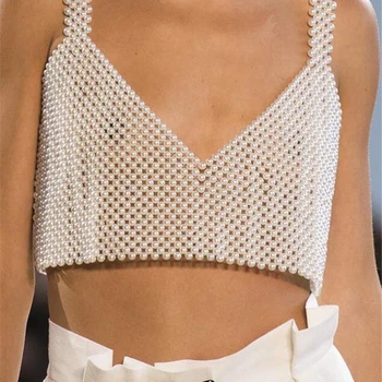 

New Fashion Knitted Pearls Crop Top Women Exquisite Sexy Outside Beading Tank Tops Streetwear Clothes Beachwear Girl Clothes