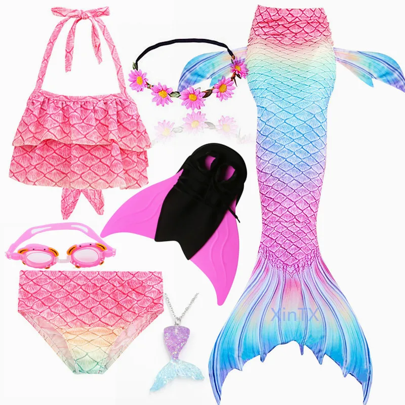2020 NEW Arrival Rainbow Pink Mermaid Tail Swimsuit with Fin for Kids Girls Holiday Dress Costume