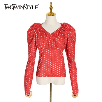 

TWOTWINSTYLE Polka Dot Ruched Shirt For Women V Neck Puff Long Sleeve Zipper Slim Blouse Female Spring Fashion 2020 New Clothing