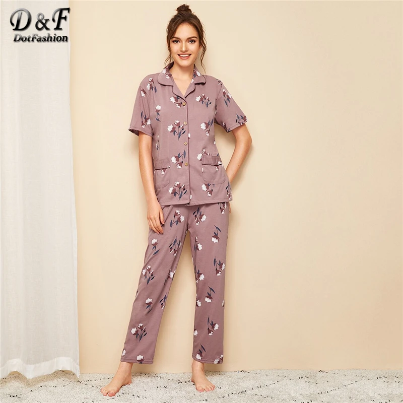 

Dotfashion Floral Print V Neck Button Up Top And Pants Women 2019 Autumn Pocket Detail Pajama Sets Ladies Casual Loungewear