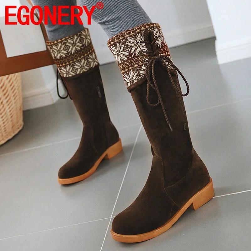 

EGONERY winter newest concise knee high boots outside comfortable low heels round toe cross-tied zip women shoes drop shipping