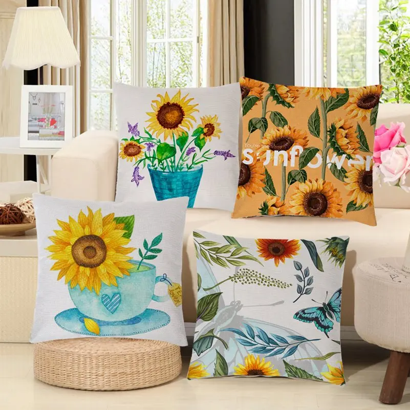 Fashion Cotton Linen Flower Pattern Throw Pillow Case Sunflower Cushion Covers for Home Sofa Chair Decorative Pillowcases Q0490